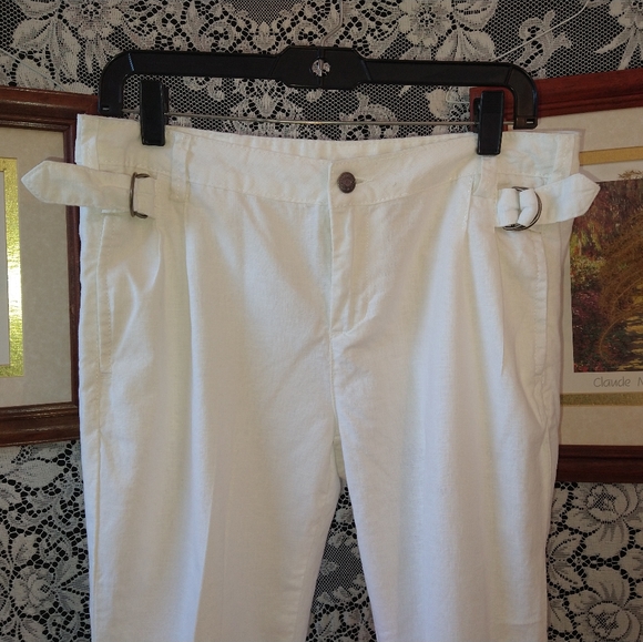 Jeanology Collection white pants linen and cotton blend with buckles on hips - Picture 2 of 6